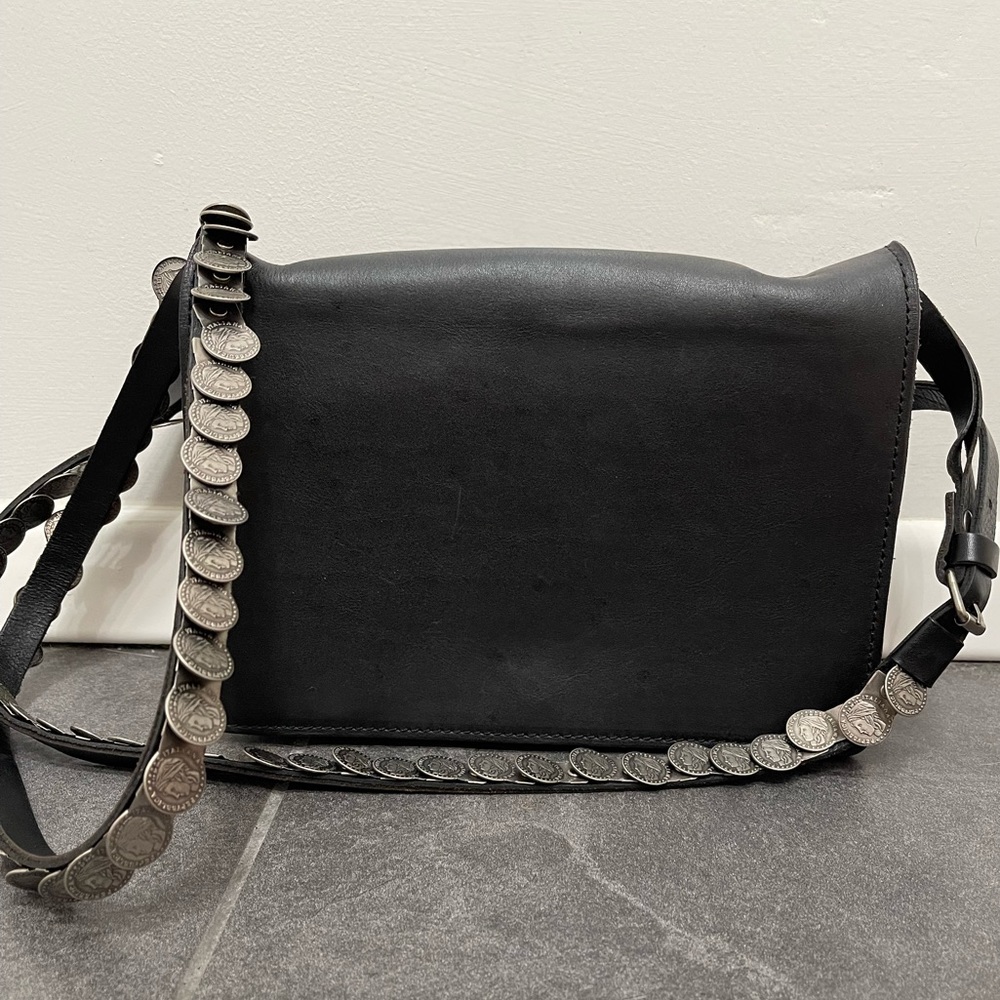 Patricia Nash Black Leather Studded Coin Baku Medium Crossbody Bag